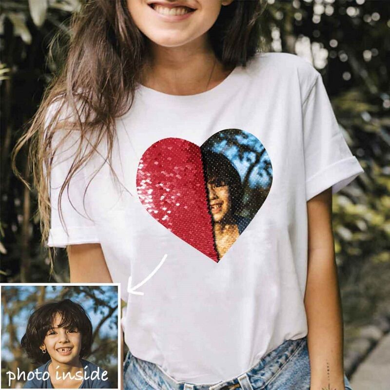 Personalized Heart-Shaped Sequin T-Shirt with Photo Reveal